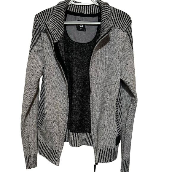 G Fried Denim Men's Gray Black Knit Ribbed Trim Full Zip Sweater Jacket Size S - Picture 2 of 7